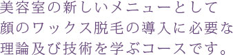 顔 脱毛 美容室 ワックス脱毛 エステティック 経験者 初心者 美容室の新しいメニューとして顔のワックス脱毛の導入に必要な<br>
理論及び技術を学ぶコースです
